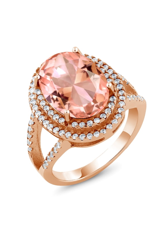 10.64 Ct Oval Peach Nano Morganite 18K Rose Gold Plated Silver Ring