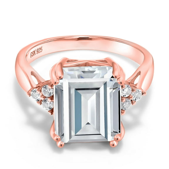 Gem Stone King 10.83 Ct Octagon White Zirconia 18K Rose Gold Plated Silver Ring