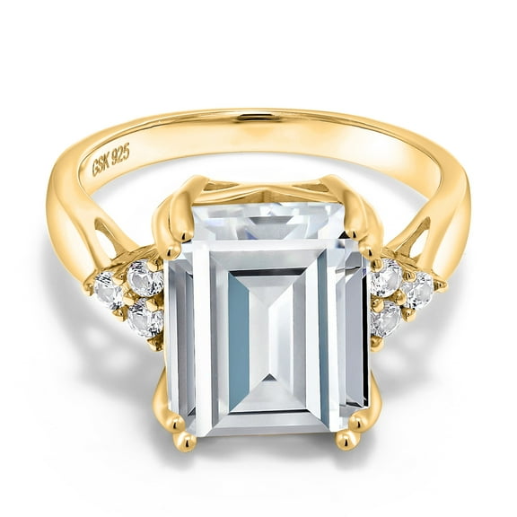 Gem Stone King 10.83 Ct Octagon White Zirconia 18K Yellow Gold Plated Silver Ring