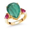 thumbnail image 1 of Gem Stone King 10.86 Ct Green Malachite Red Created Ruby 18K Yellow Gold Plated Silver Ring (Size 6), 1 of 5