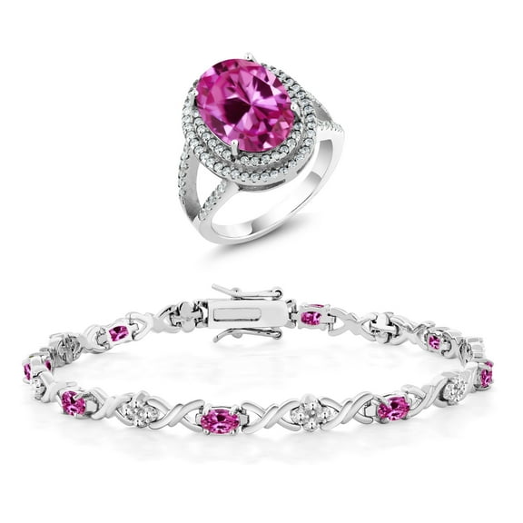 Gem Stone King 10.94 Ct Oval Pink Created Sapphire 925 Sterling Silver Ring and Bracelet Jewelry Set (Size 9)
