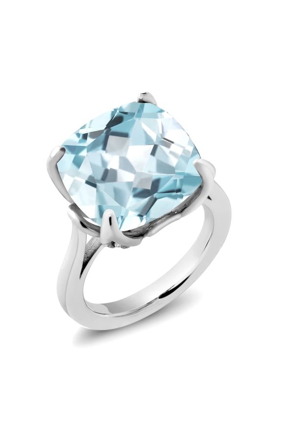 10.98 Ct Cushion Sky Blue Simulated Aquamarine 925 Sterling Silver Ring (Size 6)