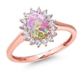 thumbnail image 1 of Gem Stone King 10K Rose Gold 0.87 Ct Cabochon Pink Simulated Opal White Created Sapphire Ring, 1 of 6