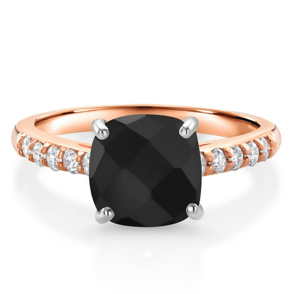 Gem Stone King 10K Rose Gold Black Onyx and White Lab Grown Diamond Engagement Ring for Women (2.31 Cttw, Cushion Checkerboard Cut 8MM, Gemstone December Birthstone, Available in Size 5, 6, 7, 8, 9)