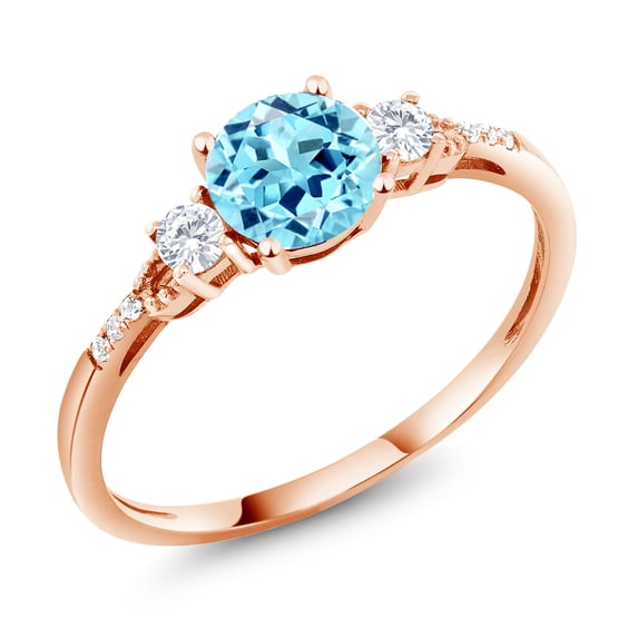 Gem Stone King 10K Rose Gold Blue Apatite White Created Sapphire and White Diamond Accent 3-Stone Engagement Ring for Women (0.96 Cttw, Round 6MM, Gemstone Birthstone, Size 9)