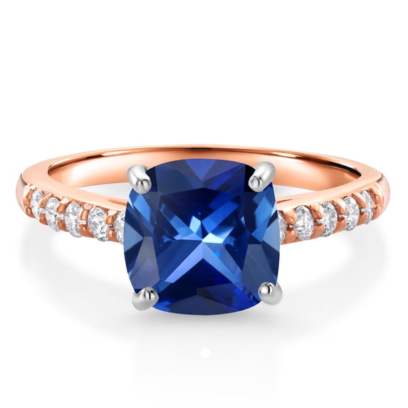 Gem Stone King 10K Rose Gold Blue Created Sapphire and White Lab Grown Diamond Engagement Ring for Women (2.70 Cttw, Cushion Cut 8MM, Gemstone September Birthstone, Available in Size 5, 6, 7, 8, 9)