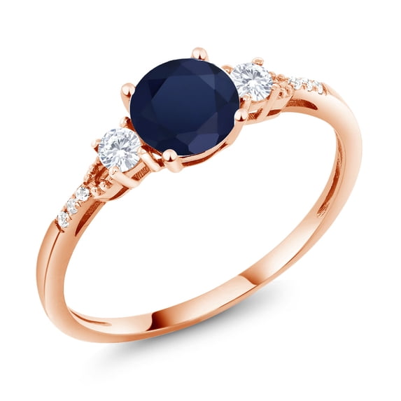 Gem Stone King 10K Rose Gold Blue Sapphire White Created Sapphire and White Diamond Accent 3-Stone Engagement Ring for Women (1.14 Cttw, Round 6MM, Gemstone September Birthstone, Size 8.5)