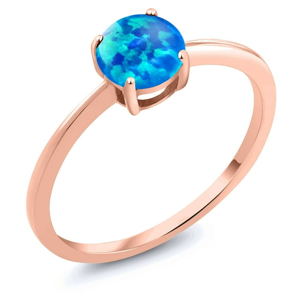 Gem Stone King 10K Rose Gold Blue Simulated Opal Solitaire Engagement Ring for Women (0.30 Cttw, Round Cabochon 6MM, Gemstone October Birthstone, Size 9)