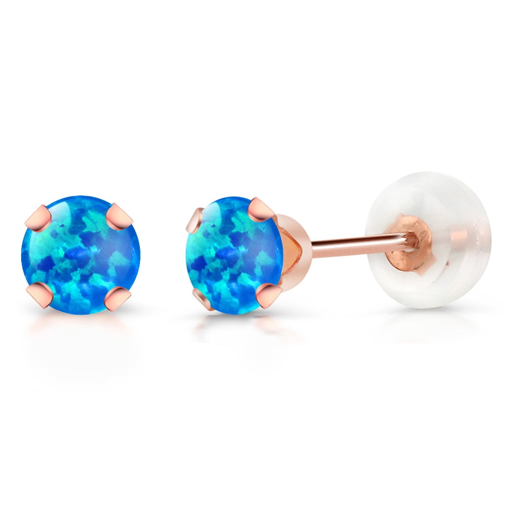 Gem Stone King 10K Rose Gold Blue Simulated Opal Stud Earrings for Women Men (0.50 Ct Round Cabochon 4MM)