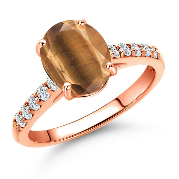 Gem Stone King 10K Rose Gold Brown Tiger Eye and Lab Grown Diamond Engagement Ring for Women | 1.70 Cttw | Oval 9X7MM | Gemstone Birthstone | Size 9