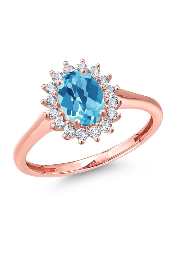 10K Rose Gold Checkerboard Swiss Blue Topaz and White Created Sapphire Women Ring (1.19 Cttw, Gemstone Birthstone, Available in Size 5, 6, 7, 8, 9)