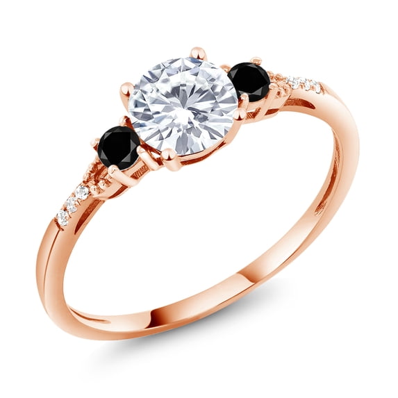 Gem Stone King 10K Rose Gold White Moissanite Black Diamond and White Diamond Accent 3-Stone Engagement Ring for Women (0.97 Cttw, Round 6MM, Gemstone Birthstone, Size 9.5)