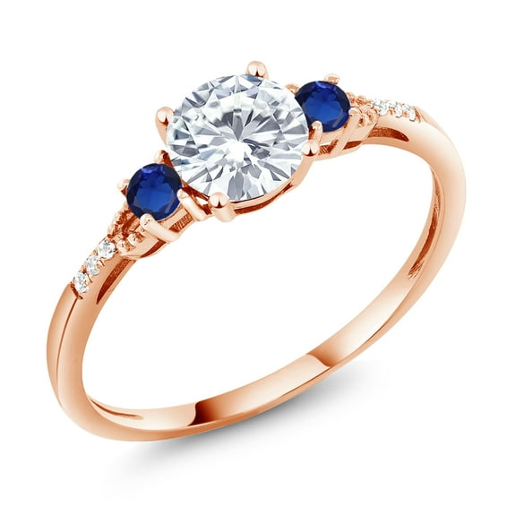 Gem Stone King 10K Rose Gold White  Moissanite Blue Created Sapphire and White Diamond Accent 3-Stone Engagement Ring for Women (0.94 Cttw, Round 6MM, Gemstone Birthstone, Size 8)