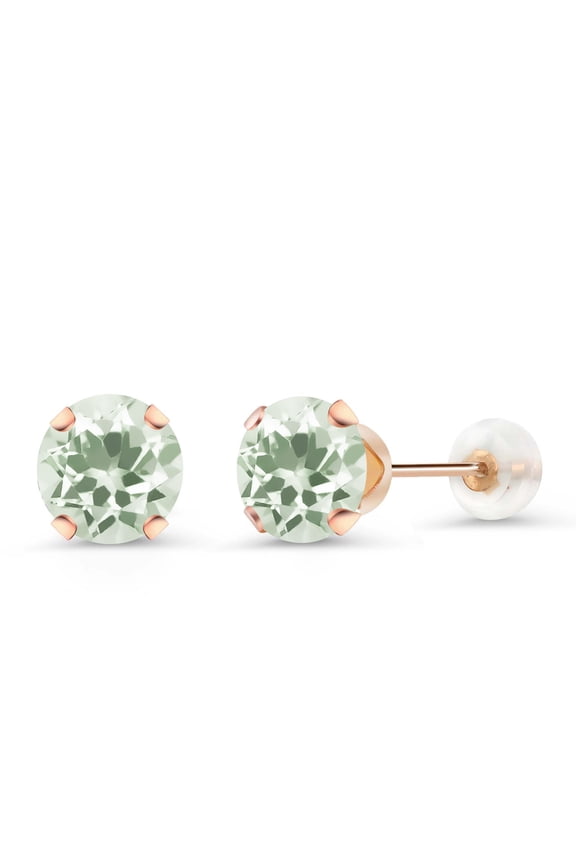 10K Rose Gold Green Prasiolite Stud Earrings for Women Men | 1.90 Cttw | Gemstone Birthstone | Round 6MM