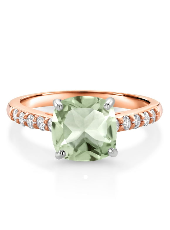 10K Rose Gold Green Prasiolite and White Lab Grown Diamond Engagement Ring for Women (2.25 Cttw, Cushion Cut 8MM, Gemstone Birthstone, Available in Size 5, 6, 7, 8, 9)