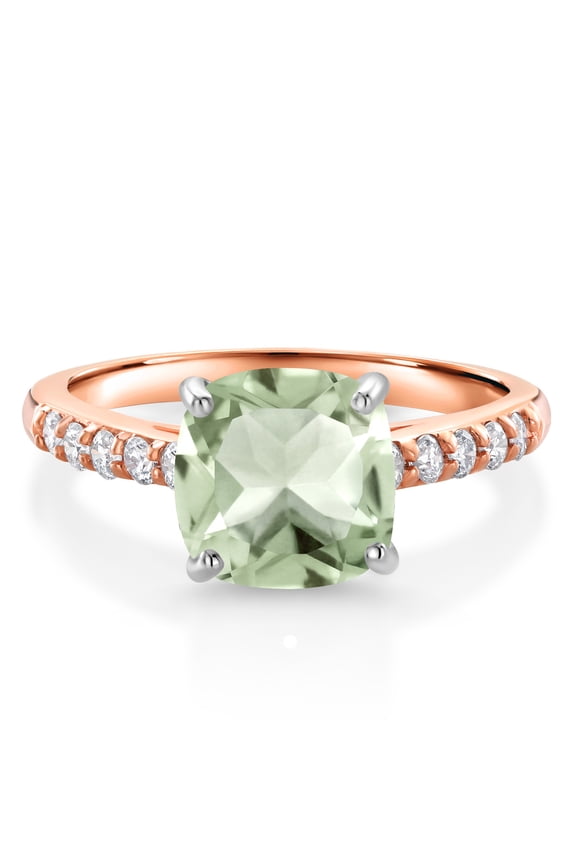 10K Rose Gold Green Prasiolite and White Lab Grown Diamond Engagement Ring for Women (2.25 Cttw, Cushion Cut 8MM, Gemstone Birthstone, Available in Size 5, 6, 7, 8, 9)