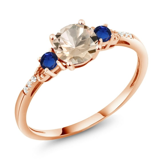 Gem Stone King 10K Rose Gold Peach Morganite Blue Created Sapphire and White Diamond Accent 3-Stone Engagement Ring for Women (0.80 Cttw, Round 6MM, Gemstone October Birthstone, Size 8)