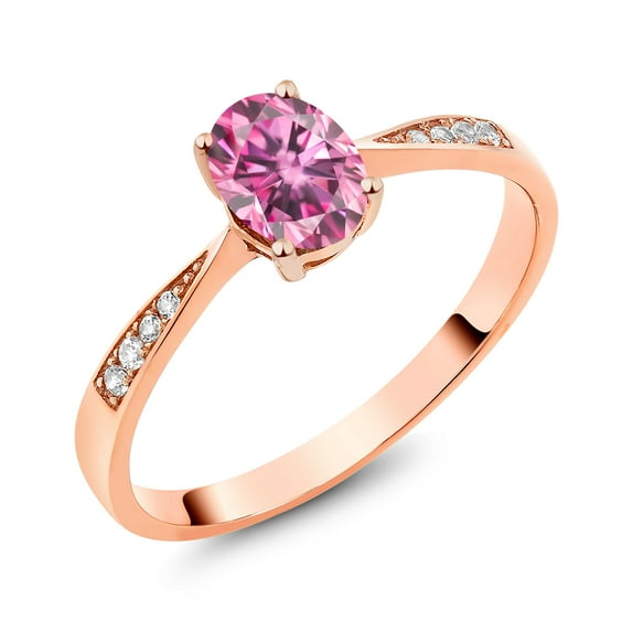 Gem Stone King 10K Rose Gold Pink Moissanite and White Diamond Engagement Ring for Women (0.96 Cttw, Gemstone Birthstone, Oval 7X5MM, Available in Size 5, 6, 7, 8, 9)