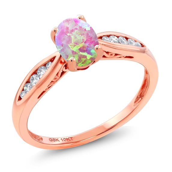 Gem Stone King 10K Rose Gold Pink Simulated Opal and Diamond Engagement Ring for Women (0.70 Cttw, Available in Size 5, 6, 7, 8, 9)
