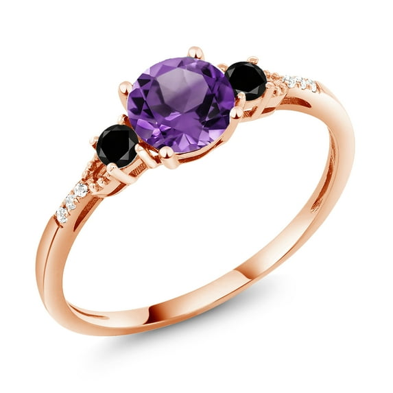 Gem Stone King 10K Rose Gold Purple Amethyst Black Diamond and White Diamond Accent 3-Stone Engagement Ring for Women | 0.87 Cttw | Gemstone Birthstone | Round 6MM & 2.5MM (Size 8)