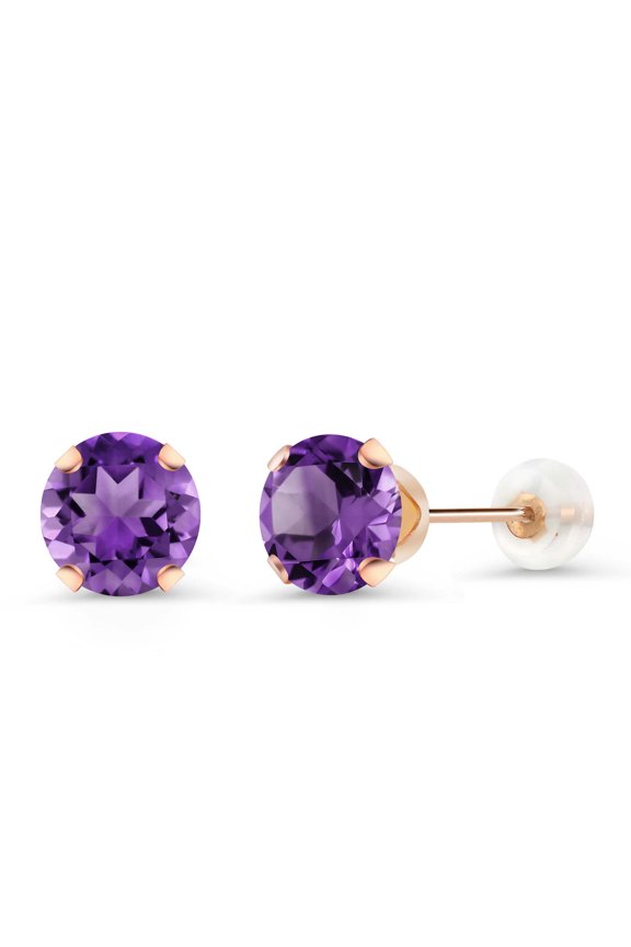 10K Rose Gold Purple Amethyst Stud Earrings for Women Men (1.40 Cttw, Gemstone Birthstone, Round 6MM)