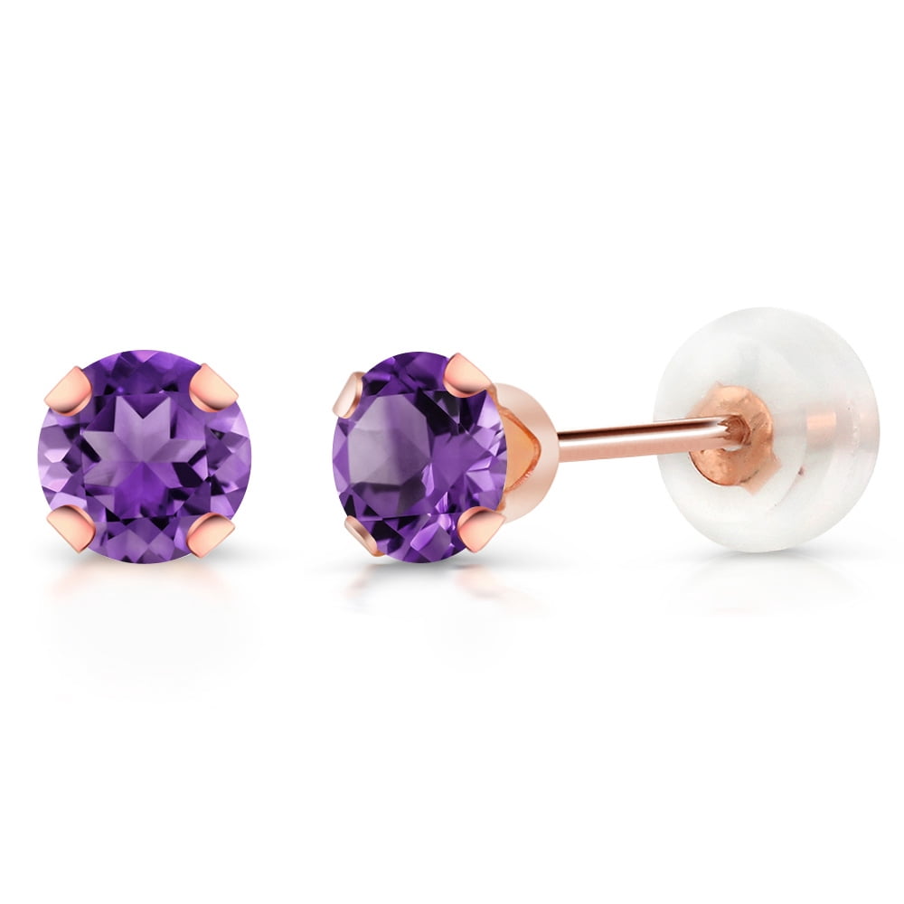 Gem Stone King 10K Rose Gold Purple Amethyst Stud Earrings for Women Men Gemstone Birthstone 0.48 Ct 4MM