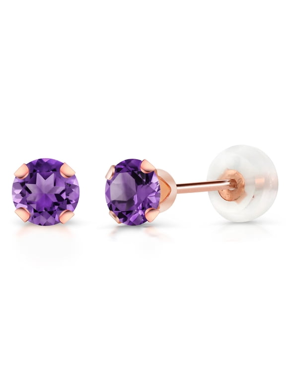 10K Rose Gold Purple Amethyst Stud Earrings for Women Men Gemstone Birthstone 0.48 Ct Round 4MM