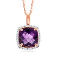 thumbnail image 1 of Gem Stone King 10K Rose Gold Purple Amethyst and White Diamond Pendant Necklace for Women (1.59 Cttw, Gemstone February Birthstone, Cushion Checkerboard Cut 7MM, with 18 inch Chain), 1 of 4