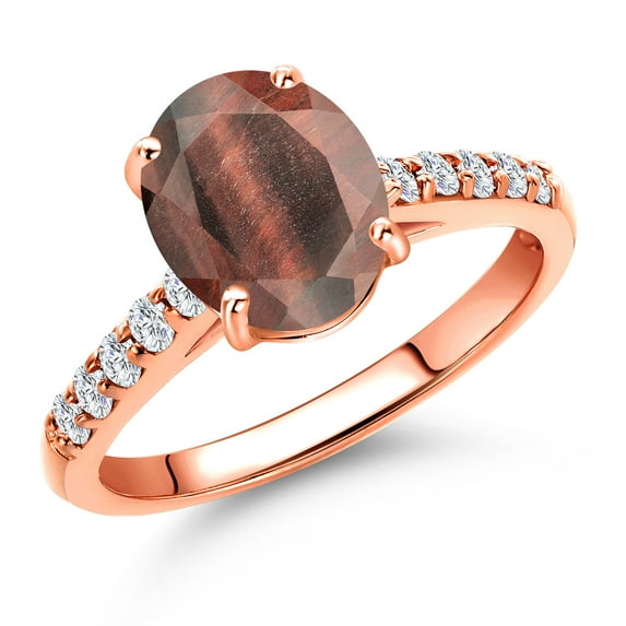 Gem Stone King 10K Rose Gold Red Tiger Eye and Lab Grown Diamond Engagement Ring for Women | 1.70 Cttw | Oval 9X7MM | Gemstone Birthstone | Size 9