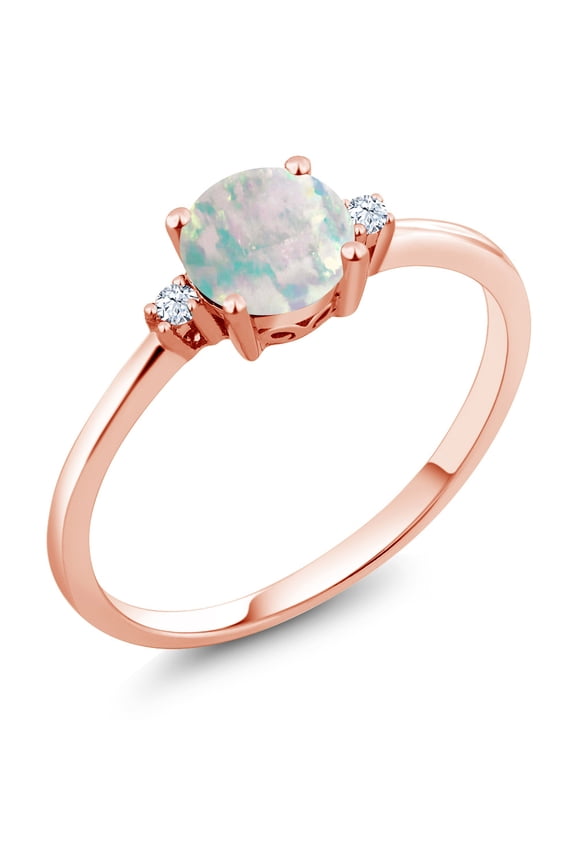10K Rose Gold Simulated White Opal and White Created Sapphire Solitaire Engagement Ring for Women (0.33 Cttw, Round Cabochon 6MM, Gemstone October Birthstone, Size 6)