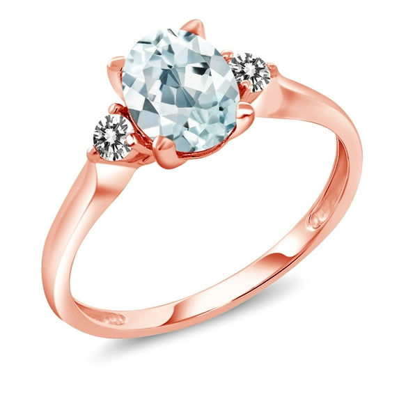 Gem Stone King 10K Rose Gold Sky Blue Aquamarine and White Diamond 3 Stone Engagement Ring for Women (1.26 Cttw, Oval Gemstone Birthstone, Size 8)