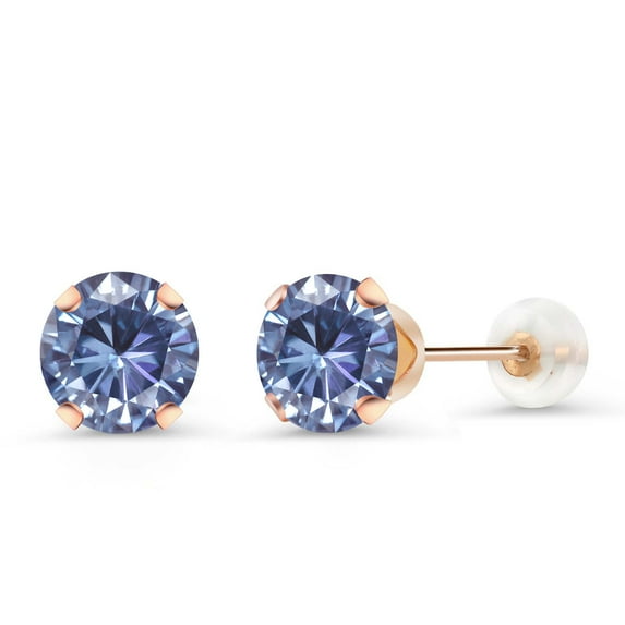 Gem Stone King 10K Rose Gold Stud Earrings for Women Men Persian Blue Round Moissanite (1.60 Cttw)