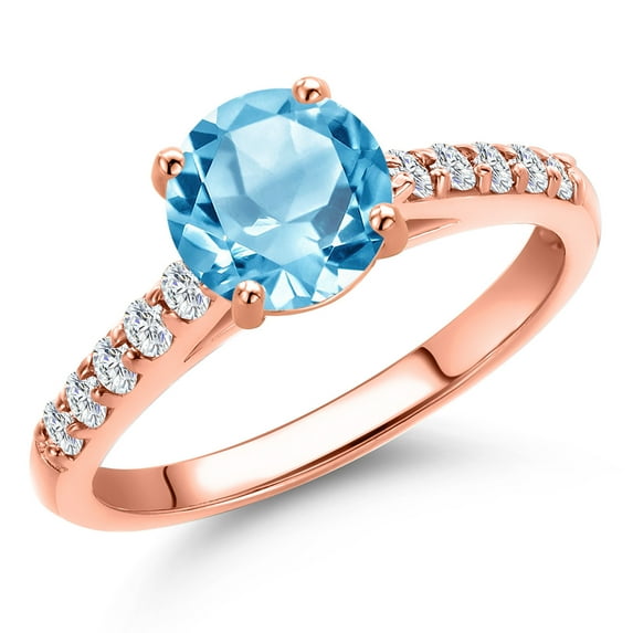 Gem Stone King 10K Rose Gold Swiss Blue Topaz and Lab Grown Diamond Engagement Ring for Women | 1.85 Cttw | Round 7MM | Gemstone November Birthstone | Size 6