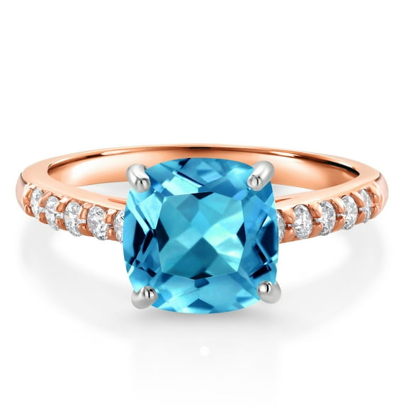 Gem Stone King 10K Rose Gold Swiss Blue Topaz and White Lab Grown Diamond Engagement Ring for Women (2.50 Cttw, Cushion Cut 8MM, Gemstone November Birthstone, Available in Size 5, 6, 7, 8, 9)
