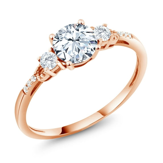Gem Stone King 10K Rose Gold White Created Sapphire and White Diamond Accent 3-Stone Engagement Ring | 1.34 Cttw | Round 6MM | Three Stone Wedding Anniversary Promise Ring for Women