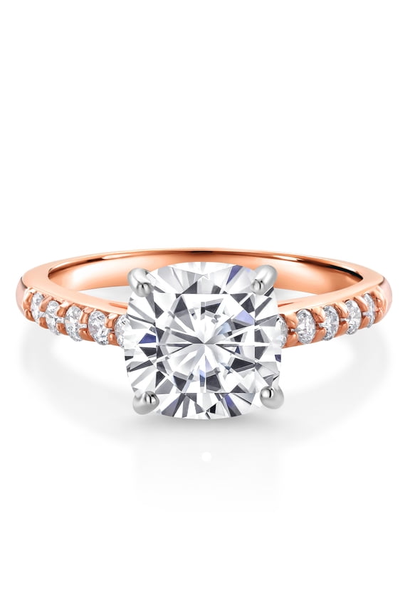 10K Rose Gold White Moissanite and White Lab Grown Diamond Engagement Ring for Women (2.60 Cttw, Cushion Cut 8MM, Gemstone Birthstone, Available in Size 5, 6, 7, 8, 9)