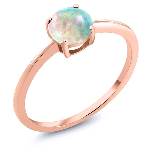 Gem Stone King 10K Rose Gold White Simulated Opal Solitaire Engagement Ring for Women (0.30 Cttw, Round Cabochon 6MM, Gemstone October Birthstone, Size 6)