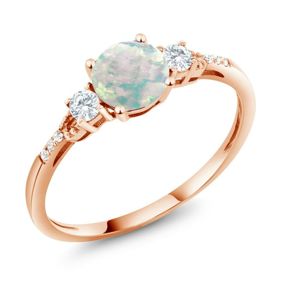 10K Rose Gold White Simulated Opal White Created Sapphire and White Diamond Accent 3-Stone Engagement Ring for Women (0.44 Cttw, Round Cabochon 6MM, Gemstone October Birthstone, Size 7)