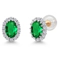 thumbnail image 1 of Gem Stone King 10K Solid Gold Post & Sterling Silver Green Nano Emerald and Lab Grown Diamond Halo Earrings for Women | 1.02 Cttw | Gemstone May Birthstone | Oval 6X4MM, 1 of 6