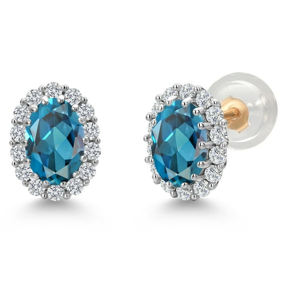Gem Stone King 10K Solid Gold Post & Sterling Silver London Blue Topaz and Lab Grown Diamond Halo Earrings for Women | 1.42 Cttw | Gemstone November Birthstone | Oval 6X4MM
