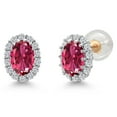 thumbnail image 1 of Gem Stone King 10K Solid Gold Post & Sterling Silver Pink Tourmaline and Lab Grown Diamond Halo Earrings for Women | 1.17 Cttw | Gemstone October Birthstone | Oval 6X4MM, 1 of 6