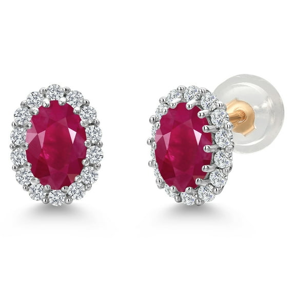 Gem Stone King 10K Solid Gold Post & Sterling Silver Red Ruby and Lab Grown Diamond Halo Earrings for Women | 1.42 Cttw | Gemstone July Birthstone | Oval 6X4MM