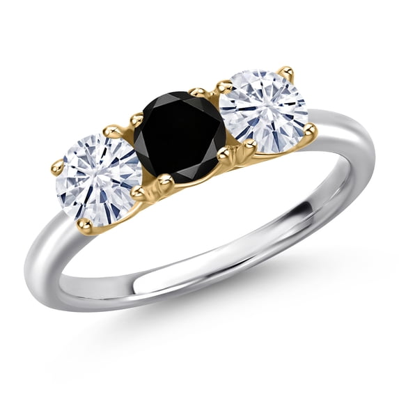 Gem Stone King 10K Two Tone Gold Black Diamond and White Moissanite Engagement Ring for Women | 1.55 Cttw | Round 5MM | Gemstone April Birthstone | Size 5