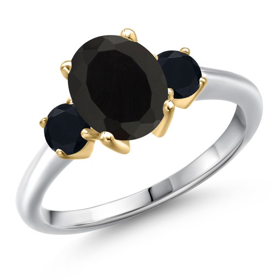 Gem Stone King 10K Two Tone Gold Black Onyx Engagement Ring for Women | 2.44 Cttw | Oval 9X7MM | Gemstone December Birthstone | Size 5