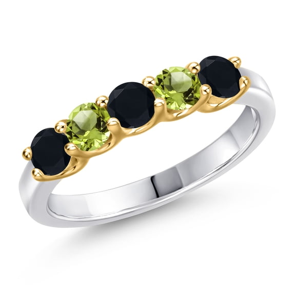 Gem Stone King 10K Two Tone Gold Black Onyx and Green Peridot Wedding-Bands Ring for Women | 0.80 Cttw | Round 3.5MM | Gemstone December Birthstone | Size 5