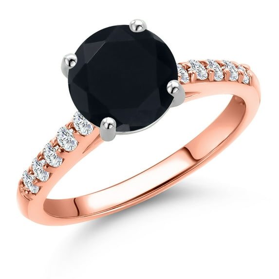 Gem Stone King 10K Two Tone Gold Black Onyx and Lab Grown Diamond Engagement Ring for Women | 1.85 Cttw | Round 8MM | Gemstone December Birthstone | Size 7