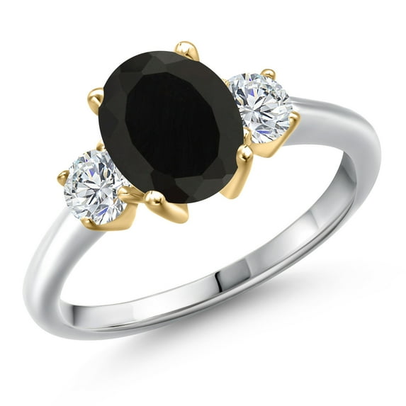 Gem Stone King 10K Two Tone Gold Black Onyx and Lab Grown Diamond 3-Stone Engagement Ring for Women | 2.54 Cttw | Oval 9X7MM | Gemstone December Birthstone (Size 5)