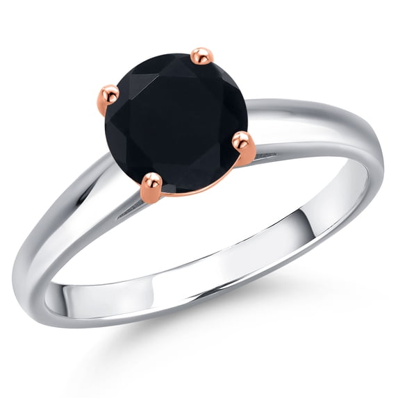 Gem Stone King 10K Two Tone Gold Black Onyx Solitaire Engagement Ring for Women | 1.28 Cttw | Round 7MM | Gemstone December Birthstone | Size 6