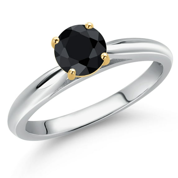 Gem Stone King 10K Two Tone Gold Black Sapphire Solitaire Engagement Ring for Women | 0.69 Cttw | Round 5MM | Gemstone September Birthstone | Size 5