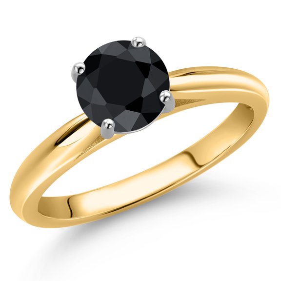 Gem Stone King 10K Two Tone Gold Black Sapphire Solitaire Engagement Ring for Women | 1.15 Cttw | Round 6MM | Gemstone September Birthstone | Size 5